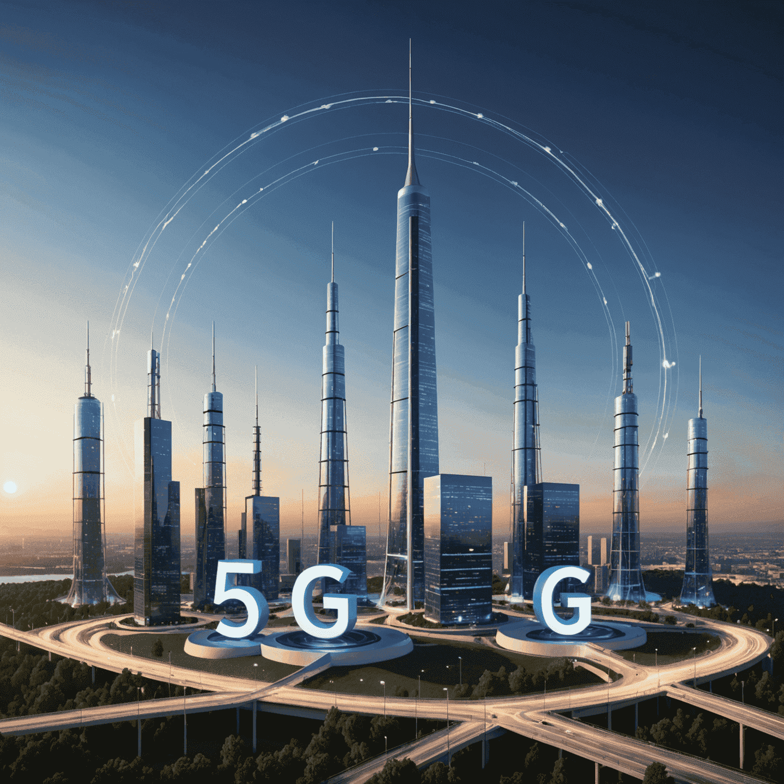 Illustration of 5G towers and mobile devices connected to high-speed network, showcasing the power and reach of our mobile and internet plans