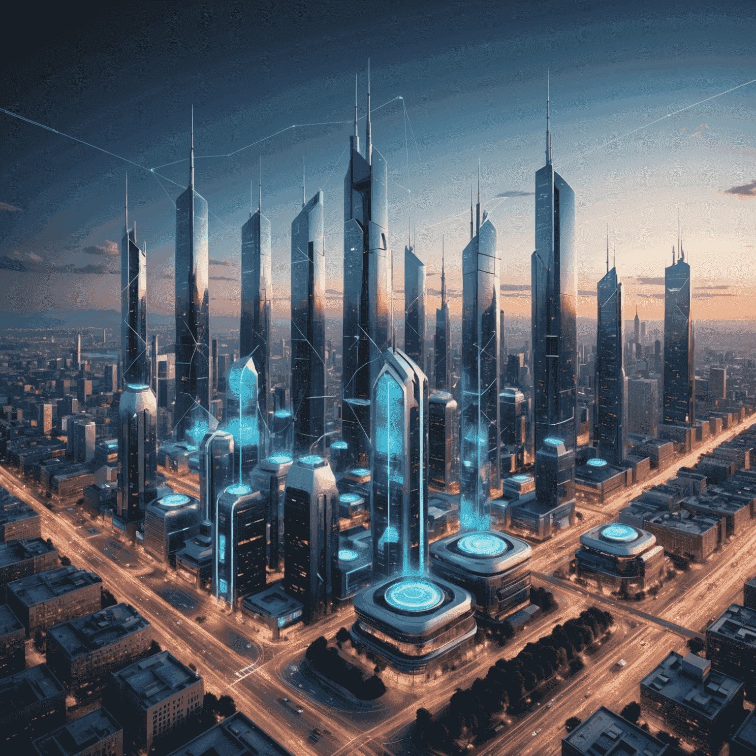 Futuristic cityscape with 5G towers and connected devices, showcasing the widespread coverage of our 5G network