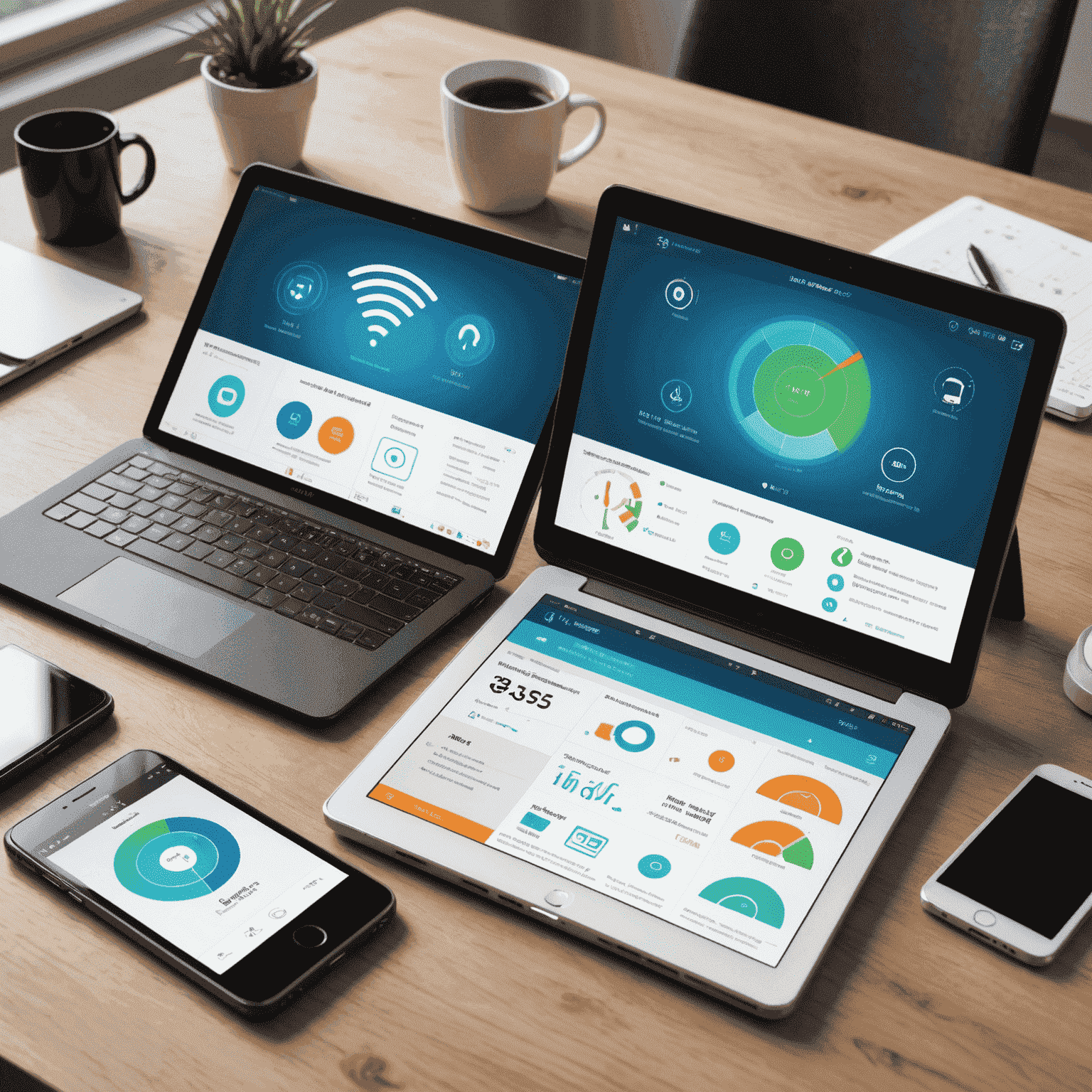 Collage of devices (smartphone, tablet, laptop) connected to wifi, with speed indicators and plan comparisons